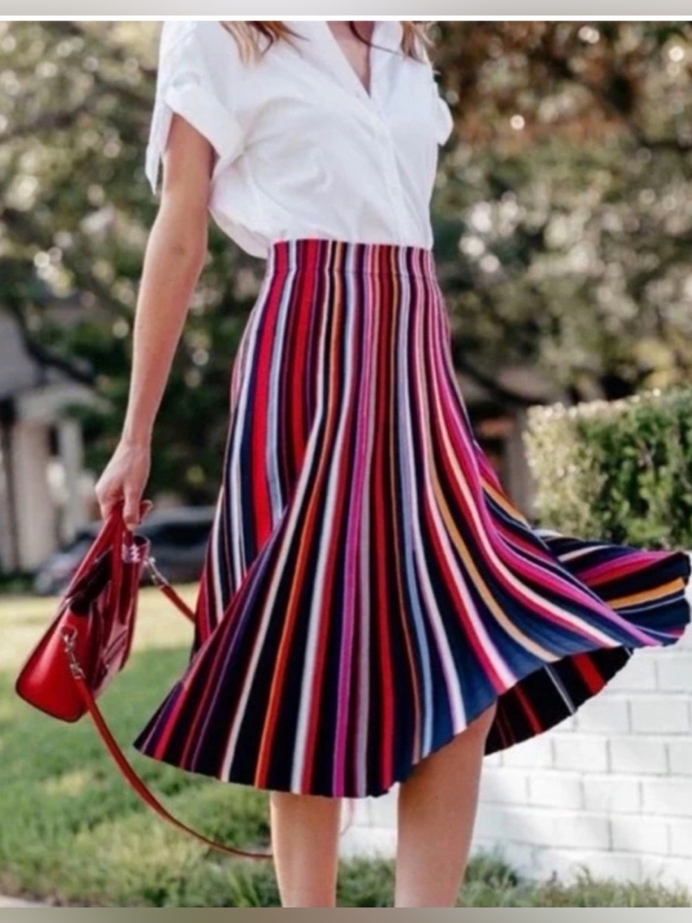 Tory Burch Ellis Luxury Sweater Knit Rainbow Striped Pleated A-Line Skirt Sz L